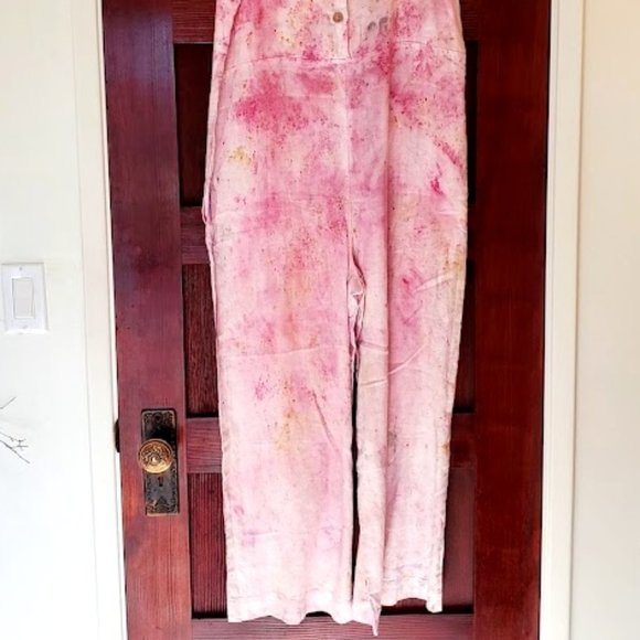 XS Pink/White Sister Nettle Botanically Dyed Butterfly & Flowers Linen Jumpsuit - Picture 6 of 6